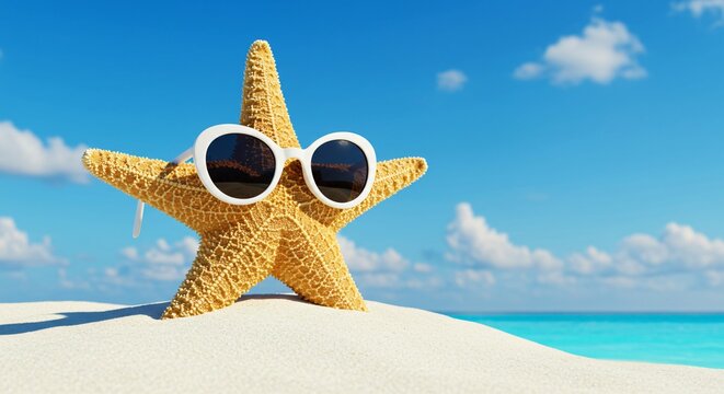 A yellow starfish is standing upright on a white sandy beach, wearing a pair of white sunglasses. The background features a clear blue sea and a bright blue sky with scattered white clouds.