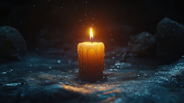 A single candle burns in total darkness, casting a warm, soft light around itself. The background is pure black, emphasizing the contrast between light and dark.