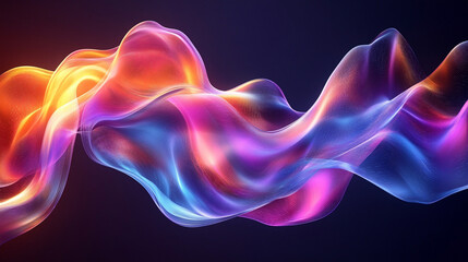 A 3D crystal glass liquid wave with holographic effects, showcasing a fluid ribbon with rainbow gradient, isolated against a dark background. Refraction creates a mesmerizing splash