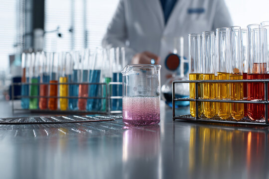 scientist in lab coat observing colorful chemical reaction in glass beaker - Powered by Adobe