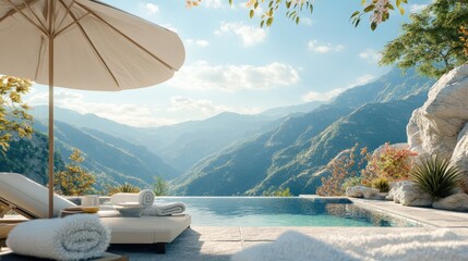 Serene Mountain Retreat with Pool, Lounge Chairs, and Umbrella Overlooking Stunning Natural Landscape