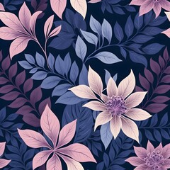 Floral Elegance Design, Purple, Blue, Pink Leaves Pattern. Glossy Foliage Art, Muted Background. Delicate Outlines. Natural Beauty Decor. Creates A Soothing Effect.