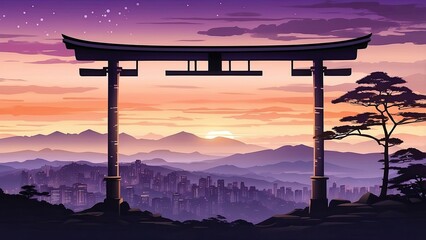 A serene night landscape featuring a silhouetted Torii gate on a hillside in the foreground