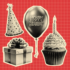 birthday set, cupcake, balloon, present and a birthday cone hat, retro halftone effect, vintage photocopy collection
