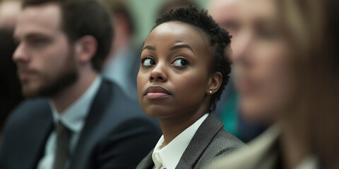 Close-up of a young Black woman in a business suit, attentively listening, showcasing professionalism and focus in a corporate setting