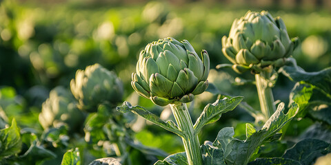 Vibrant agricultural artichoke farm showcasing spiky plant growth