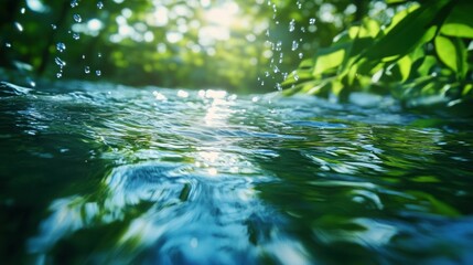 Forest stream water flowing, sunlight, leaves, droplets, nature background