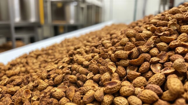 A close-up look at the uniform golden-brown roasting shades of whole peanuts in their shells