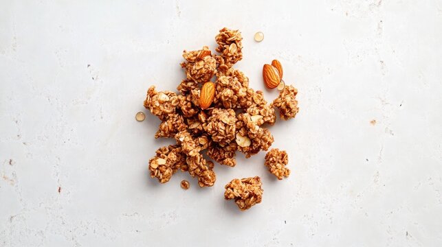 A compact view of irregularly shaped clusters of granola formed with almonds and honey on a pristine white tabletop