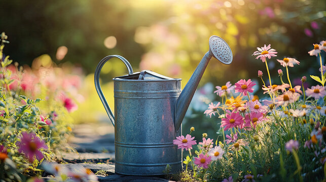 A watering can sits on a garden path surrounded by flowers on a sunny day, capturing a vibrant and peaceful gardening moment.