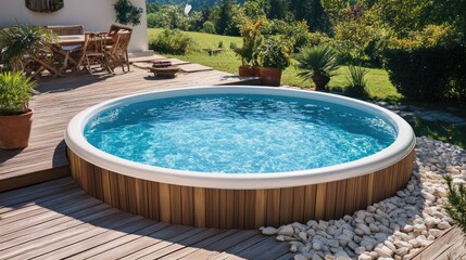 Beautiful Round Swimming Pool Surrounded by Greenery and Natural Landscape on a Bright Sunny Day