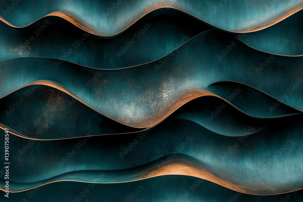 Poster Teal and copper textured waves create an abstract background design suitable for a luxurious or modern aesthetic, showcasing a smooth, elegant surface