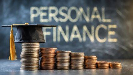 Boosting financial literacy with graduation cap on coin stack highlighting personal finance