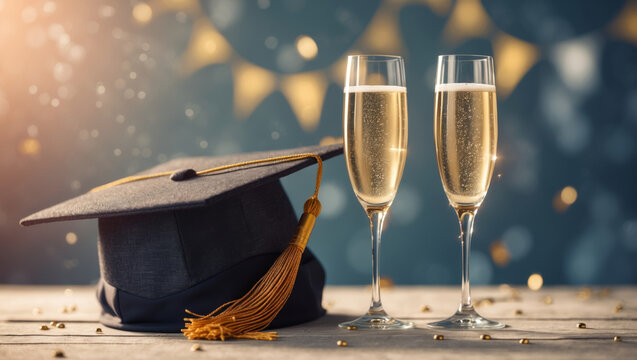 Celebration of academic achievement with graduation cap and champagne in festive setting
