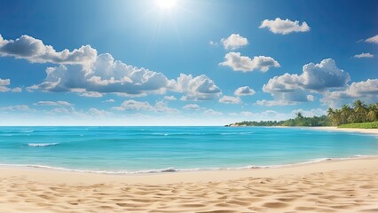 Obraz premium A serene beach scene under a bright, clear blue sky.