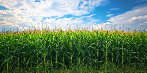 Obraz premium Field of Lush Green Corn Stalks Underneath a Clear Blue Sky