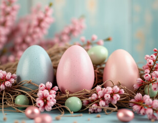 Fototapeta premium Colorful Pastel Easter Eggs in Nests with Pink Flowers and Spring Decor