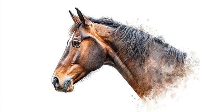  A close-up portrait of a horse on a white background, showing its graceful features and strong, elegant presence in a clean, minimalistic style.