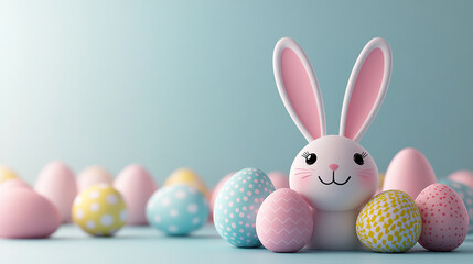 Obraz premium Adorable 3D Easter bunny face surrounded by colorful pastel eggs in a joyful candy-like 3D scene with soft lighting, evoking cheerful spring vibes and modern festive energy