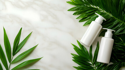 White Cosmetic Bottles And Green Tropical Leaves On A Marble Background
