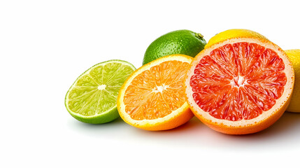 Vibrant Citrus Fruits Arrangement Featuring Orange Lemon and Lime Slices Against White Backdrop