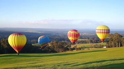 Obraz premium Hot air balloons ascend over rural landscape at dawn
