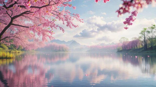 Tranquil Cherry Blossom Lake Landscape, Natural Harmony
