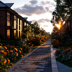 Fototapeta premium Sunset Pathway Through Residential Buildings With Orange Flowers and Golden Light