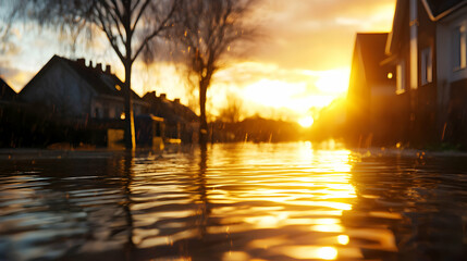 Sunset Reflections On Flooded Street With Houses Showcasing Golden Light And Evening Atmosphere