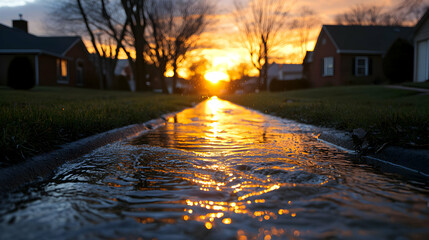 Sunset Reflections on Water Channel in Residential Neighborhood with Golden Hour Lighting
