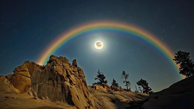Night Landscape Featuring Full Moon and Rainbow Over Rocks