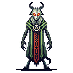 A pixel art creature with glowing red eyes horns and a robe evoking dark fantasy and mystery isolated on white background