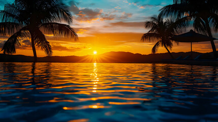 Sunset Reflection Over Calm Water With Silhouette Palm Trees against Orange Sky