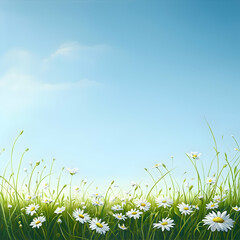 Fototapeta premium White Daisies in Green Field Against Bright Blue Sky with Soft Lighting