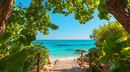 Wooden Walkway Leading To Turquoise Sea Framed By Green Foliage Under Bright Blue Sky Tropical Coastal Scene