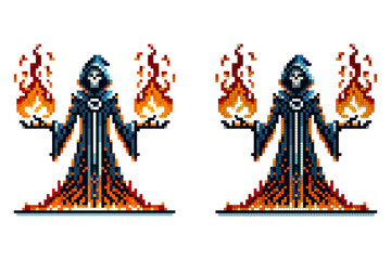 Pixel art wizard in a dark robe with blue and orange accents wielding fire magic in both hands on white background