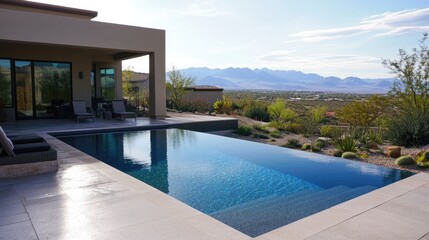 Fototapeta premium Serene Poolside View with Clear Sky and Mountains, Perfect for Luxury Lifestyle and Outdoor Relaxation Themes