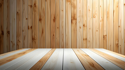 Naklejka premium Wood Background with Wooden Table and Vertical Wall with Warm Lighting and Empty Space