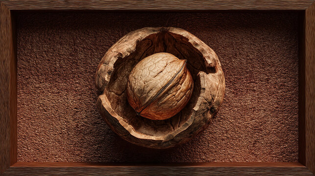 Cracked walnut shell with nut inside centered in frame