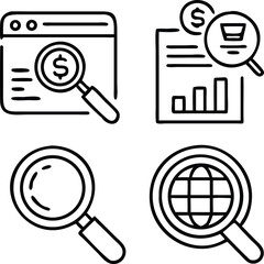 set of web icons in black line style. Magnifying glass linear icon collection. Containing SEO, Digital marketing, data analysis, management, investigate, find and more. Editable stroke