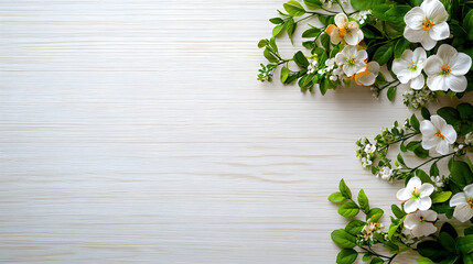 White Flowers And Green Foliage Border On A Distressed White Wooden Background Design