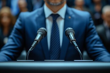 An executive stands at the podium, ready to address reporters with two microphones positioned in front, while audience members await the updates Generative AI