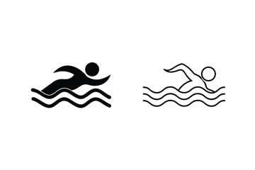 Two Swimming Silhouette Pictograms On Water Waves In Solid And Outline Style