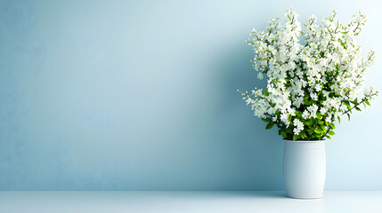 Fototapeta premium White Flowers In White Pot Against Pale Blue Textured Wall Creating Minimalist Aesthetic