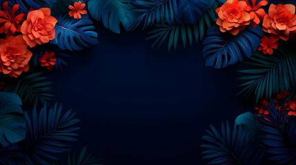 Obraz premium Vibrant Floral Arrangement Of Orange Paper Roses And Blue Tropical Leaves On Dark Background