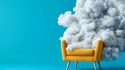 Yellow Armchair Emerging From White Clouds Against Blue Background Surreal Studio Shot