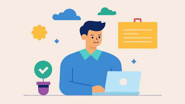 Career Growth A millennial participating in an online course for professional development with a certificate on the wall labeled Skills Training.