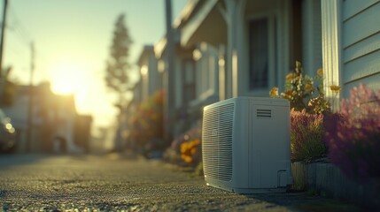 Exterior AC unit on residential street at sunrise