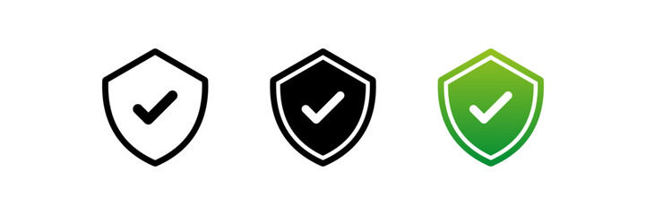 Shield check mark icon or security shield protection icon with tick symbol. green security shield icon