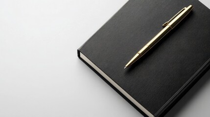 A black matte hardcover notebook intersecting diagonally with a gold metallic pen